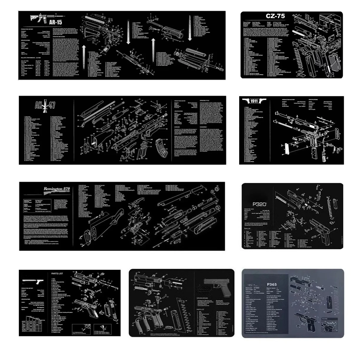 Alfombrilla de goma para limpieza de armas, diagrama de piezas de alfombrilla para ratón para AR15 AK47 Remington 870 G17 CZ-75 P220 P226 P229 P320 P365 1911