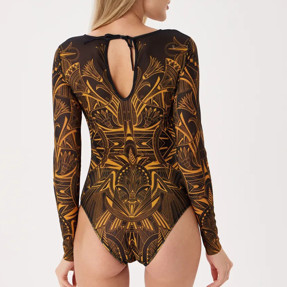 Damen-Badeanzug mit Retro-Print, U-Ausschnitt, gepolstert, langärmelig, einteilig, hoch geschnittene Badeanzüge, Badebekleidung, Body