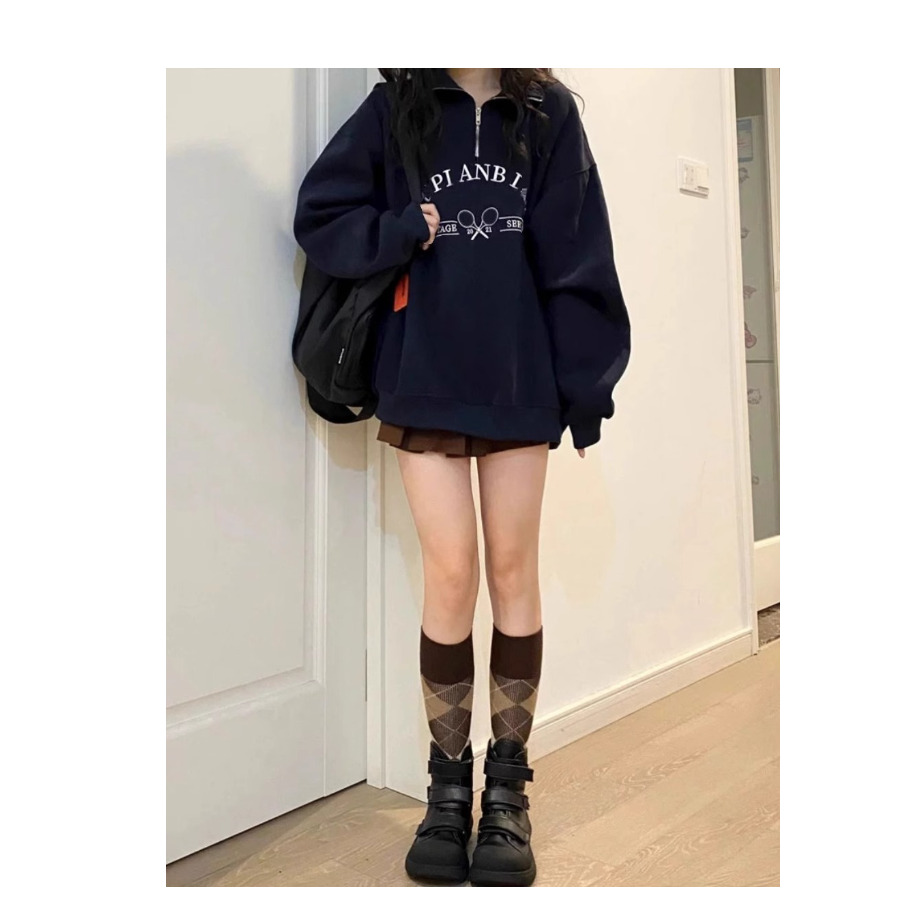American Sle Retro Polo Collar Sweatshirt Jacket Women's New Early Autumn Oversize Small Size Long Sleeve Top