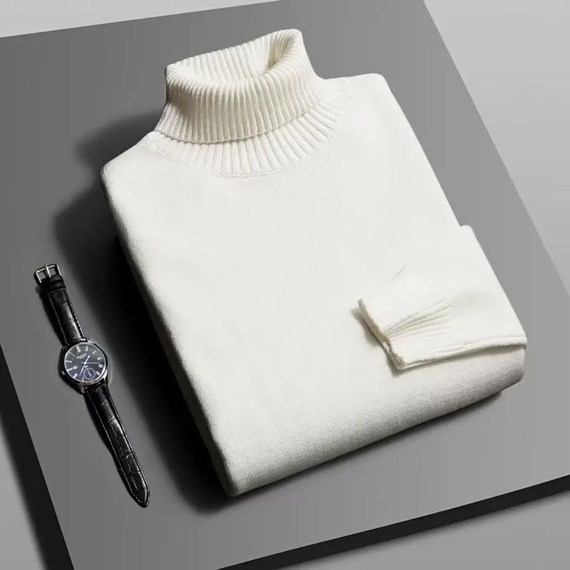 Otoño para hombre de alta calidad de punto suéter de cuello alto ajustado de manga larga anti-pilling jersey Color sólido tendencia hombres Streetwea