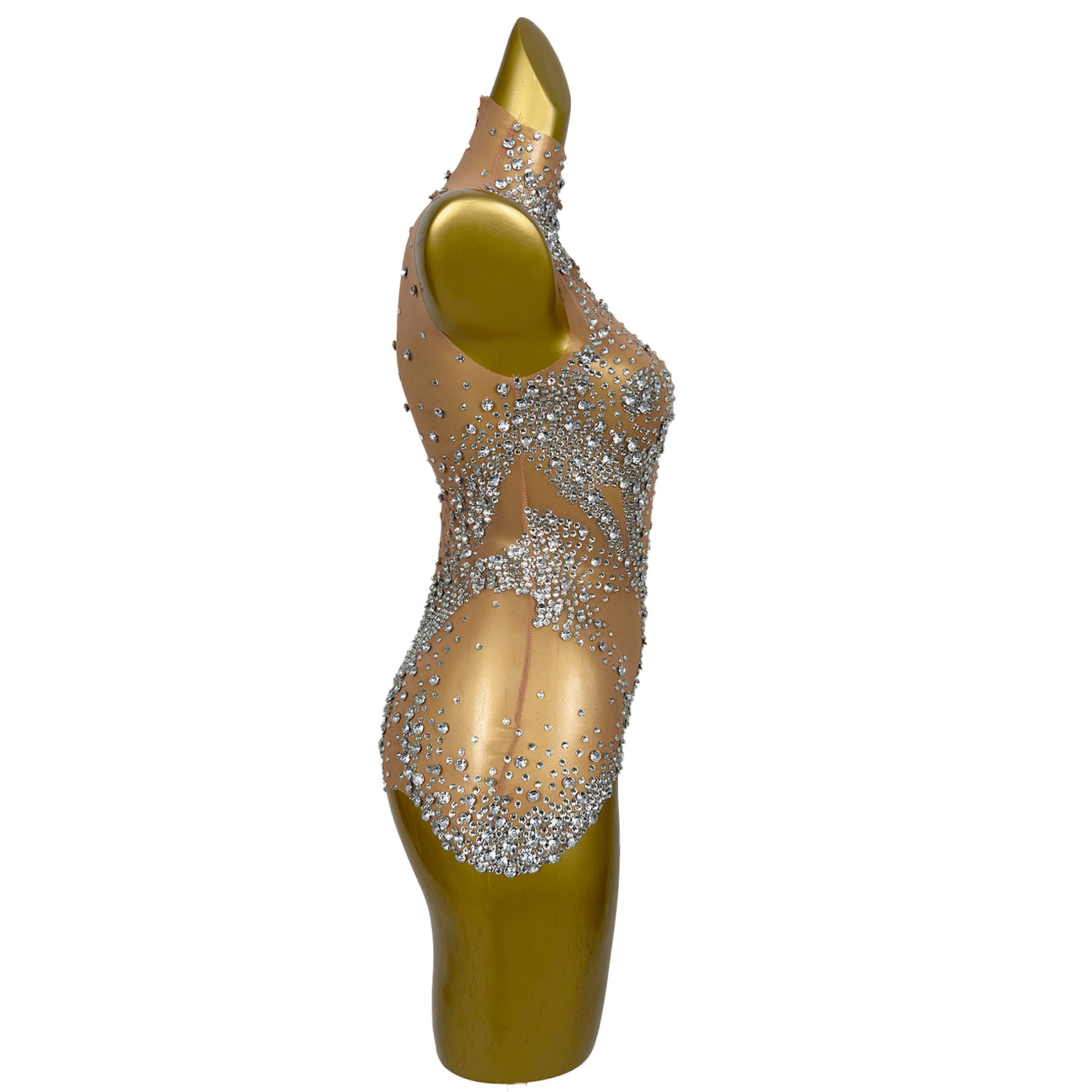 光沢のあるシルバークリスタルとラインストーンの透明なレオタード,Menglongダンス衣装,豪華なダンサーの衣装,ボディスーツの服