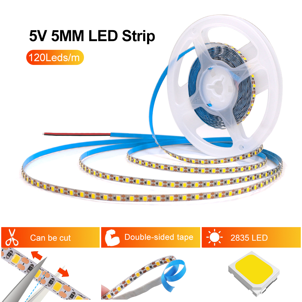 3 ミリメートル 5 ミリメートル 8 ミリメートル幅 DC 5V LED ストリップ 2835 120LEDs/m 1 LED あたりカット柔軟なテープ IP20 防水なしウォームナチュラルクールホワイト 1 メートル 2 メートル 5 メートル