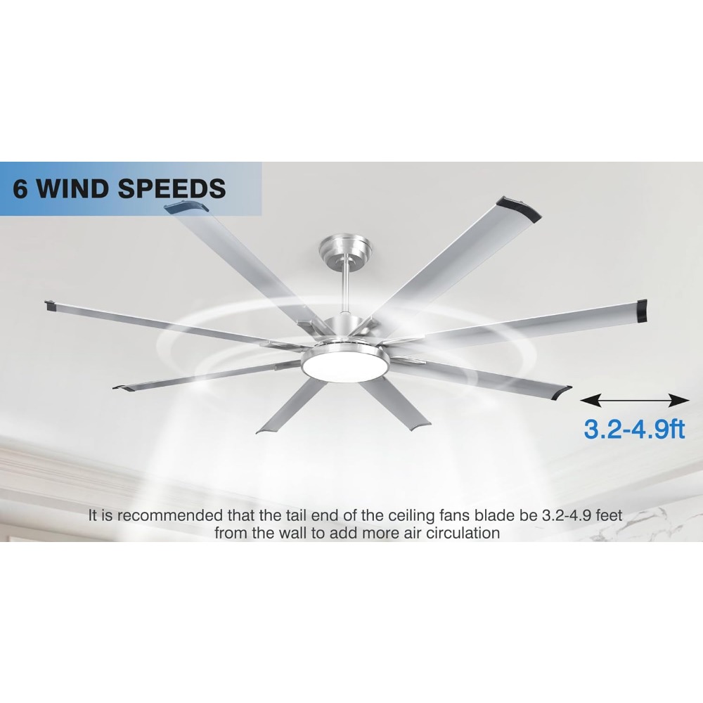 74" Large Ceiling Fan, Industrial Ceiling Fan, 8 Aluminum Blades Reversible Quiet DC Motor, Ceiling Fans with Lights and Remote,