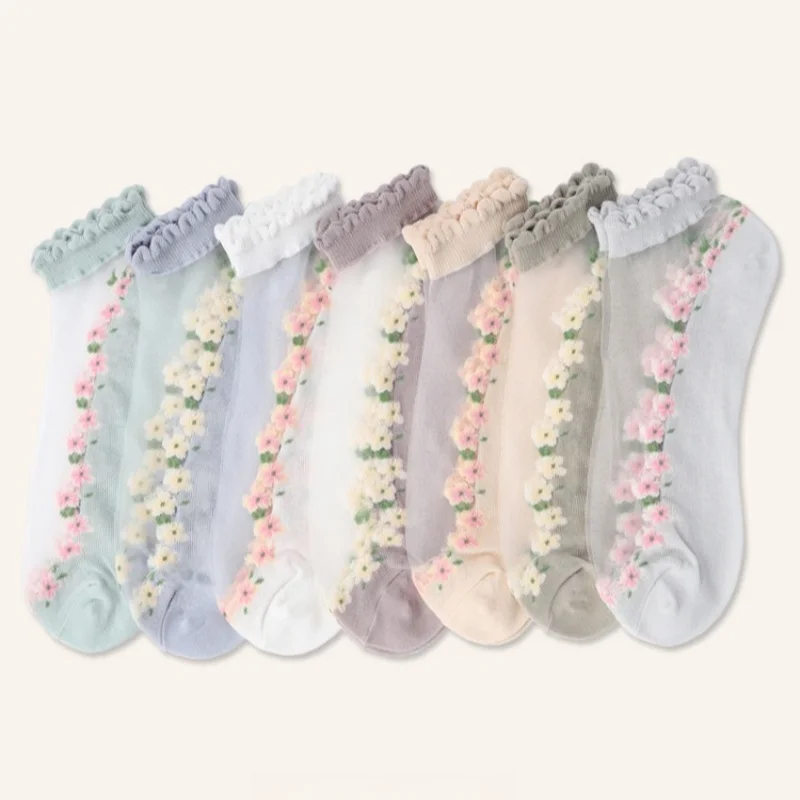 Calcetines tobilleros de encaje de cristal transparente para mujer, calcetines ultrafinos, transpirables, de secado rápido, bonitos calcetines amigables con la piel para primavera y verano