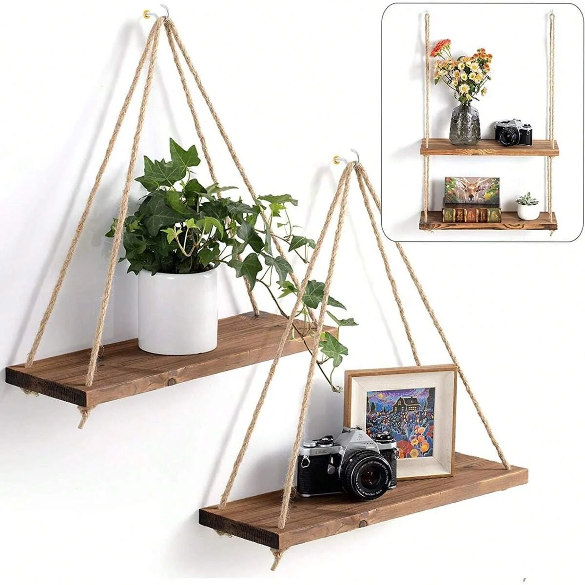1PC Altalena in legno appesa corda di canapa mensola a muro montata galleggiante casa soggiorno pianta vaso di fiori vassoio di stoccaggio decorazione del giardino