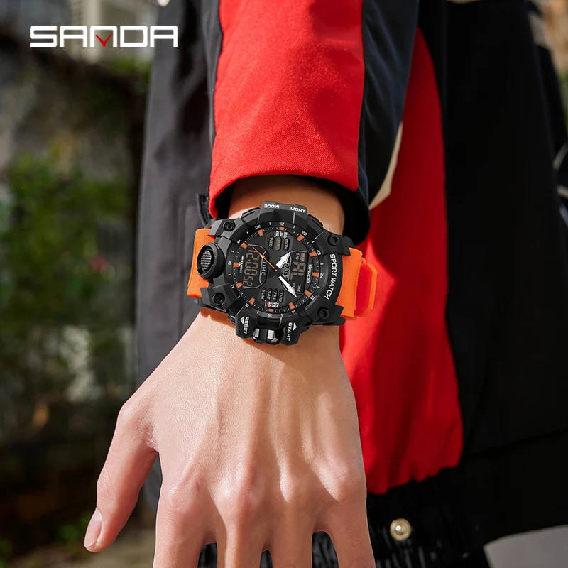 SANDA-reloj electrónico de lujo estilo G para hombre, cronógrafo Digital analógico LED para deportes al aire libre, pantalla Dual militar, resistente al agua hasta 50M
