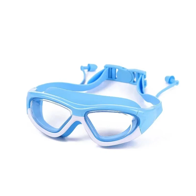 Occhiali da nuoto con montatura grande per bambini impermeabili e antiappannamento ad alta definizione, occhiali comodi Tappi per le orecchie collegati in silicone