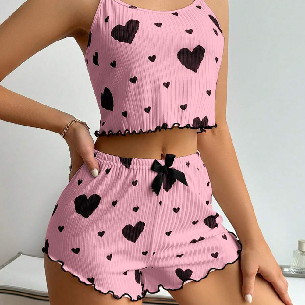 Frauen Pyjamas Set Sommer 2PCS Sling Weste mit Shorts 2026 Neu Liebe Herz Druck Spaghetti Strap Leibchen Nachtwäsche für Mädchen