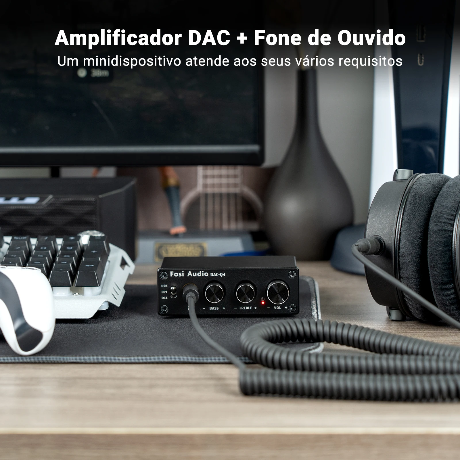 Fosi audio q4 mini estéreo usb gaming dac & amplificador de fone de ouvido adaptador conversor de áudio para casa/desktop alimentado/alto-falantes ativos