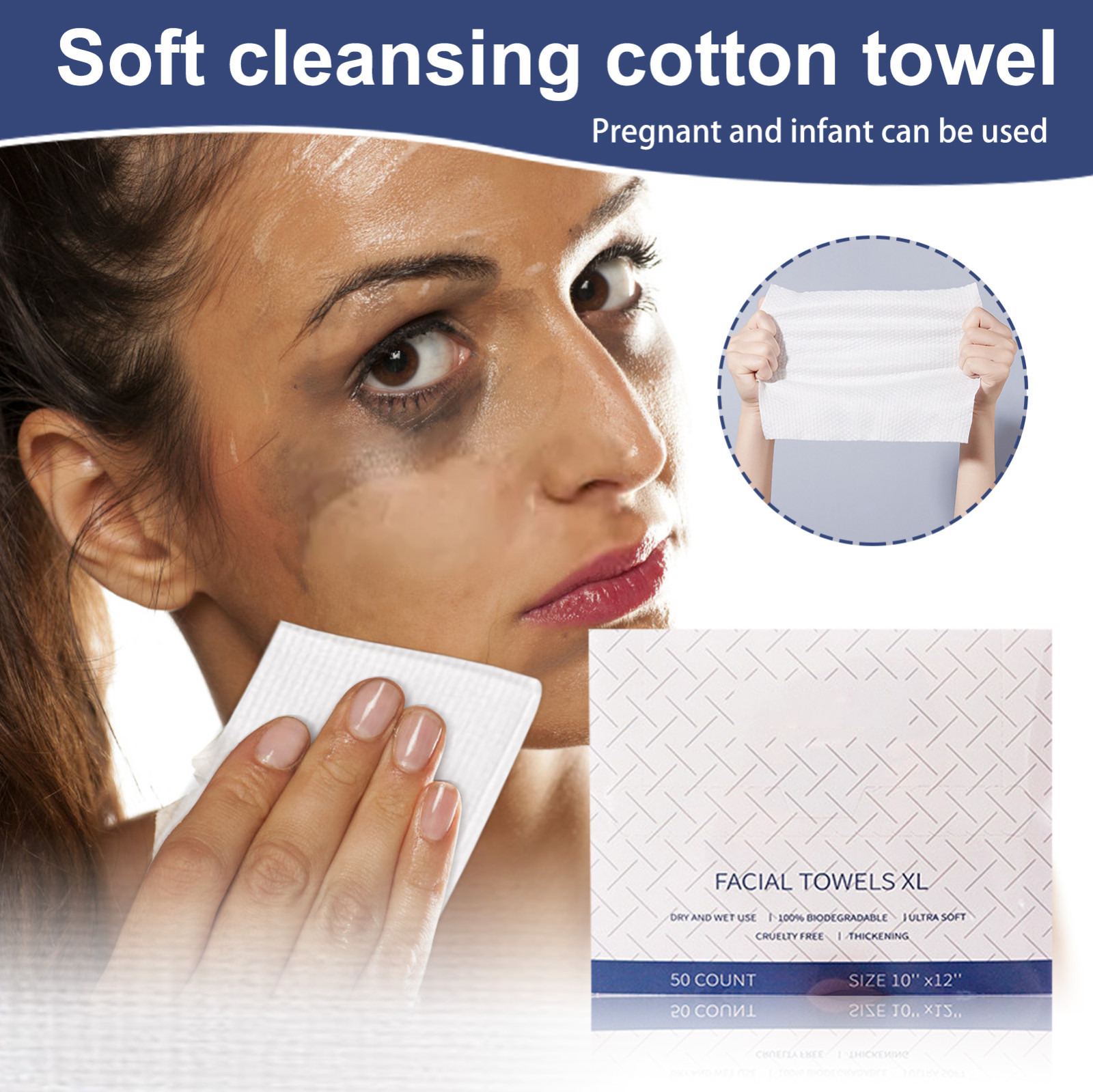 10x12 Inch Clean Towels  ,  Biobased Face Towel, Disposable Face Towelette, Makeup Remover Dry Wipes, Ultra Soft, 50 Ct, 1 Pack