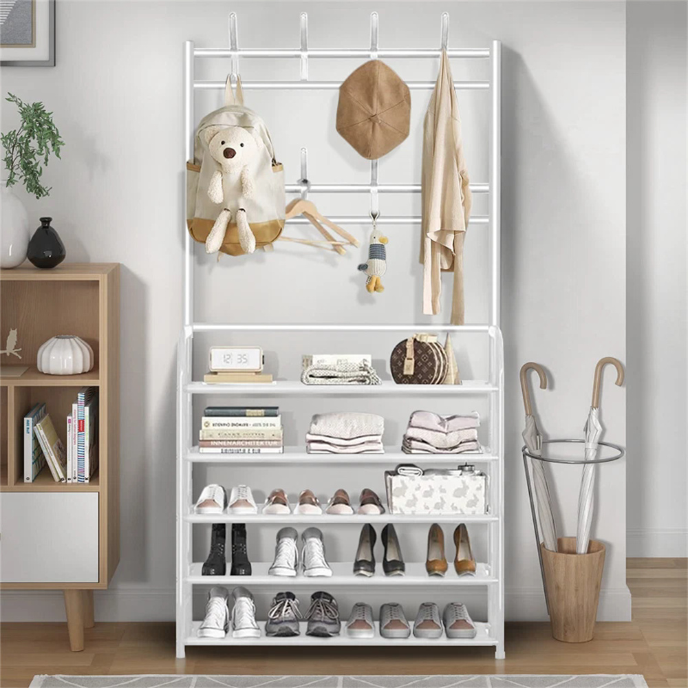 5-poziomowy regał na buty z 8 haczykami, wieszak na płaszcze i kapelusze do przedpokoju, DIY, półki na ubrania, regał na buty do salonu, szerokość 80 cm