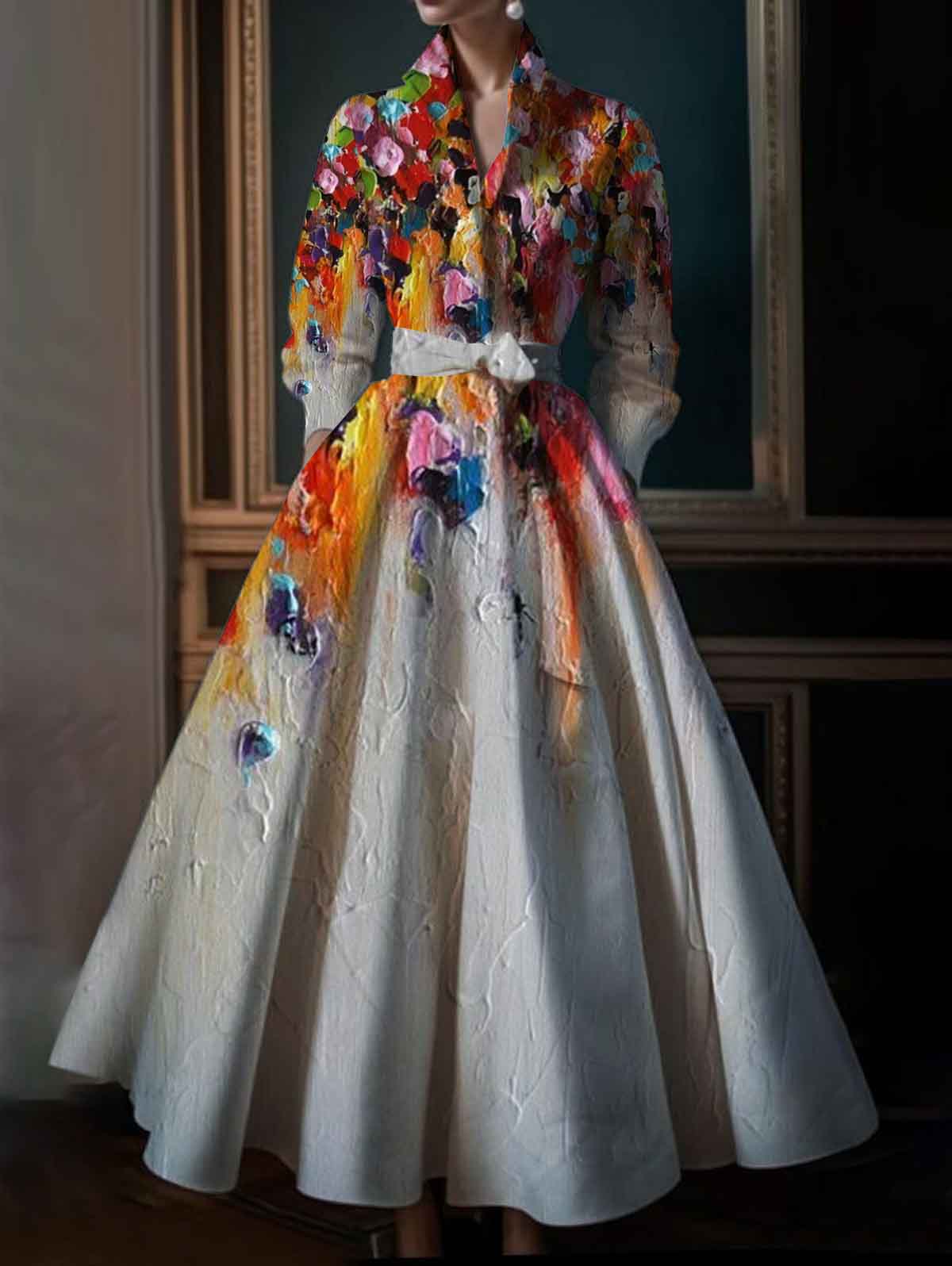 Elegantes Maxikleid mit Blumendruck, mehrfarbig, Umlegekragen, lange Ärmel, Baumwolle, langes Kleid, Party, Hochzeit, Abendkleid 2024