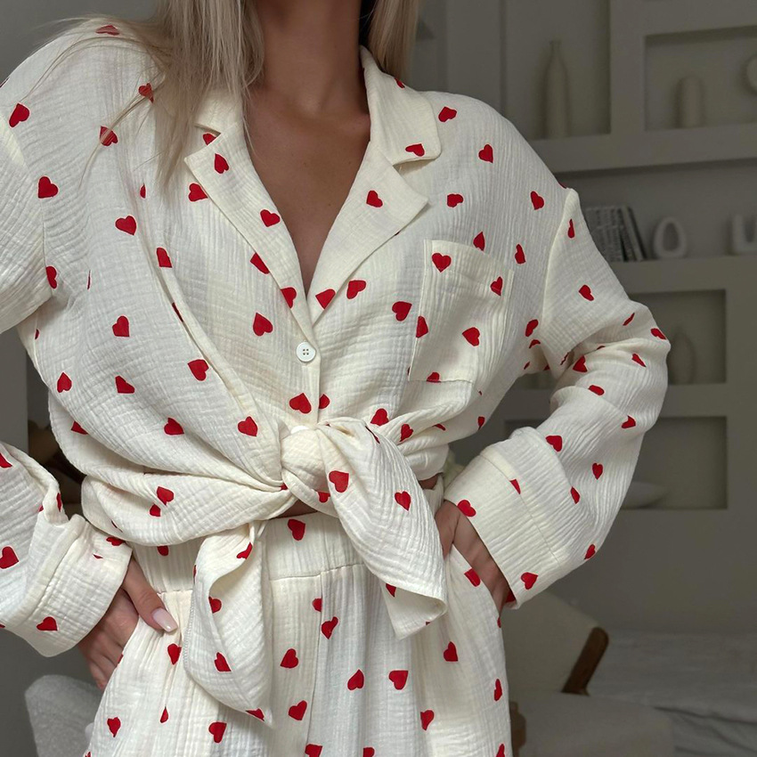 Novedad de verano, pijama con estampado de corazón de amor, conjunto de manga larga de algodón 100%, traje de 2 uds, ropa de dormir con solapa, pijamas con botones para mujer, ropa de dormir