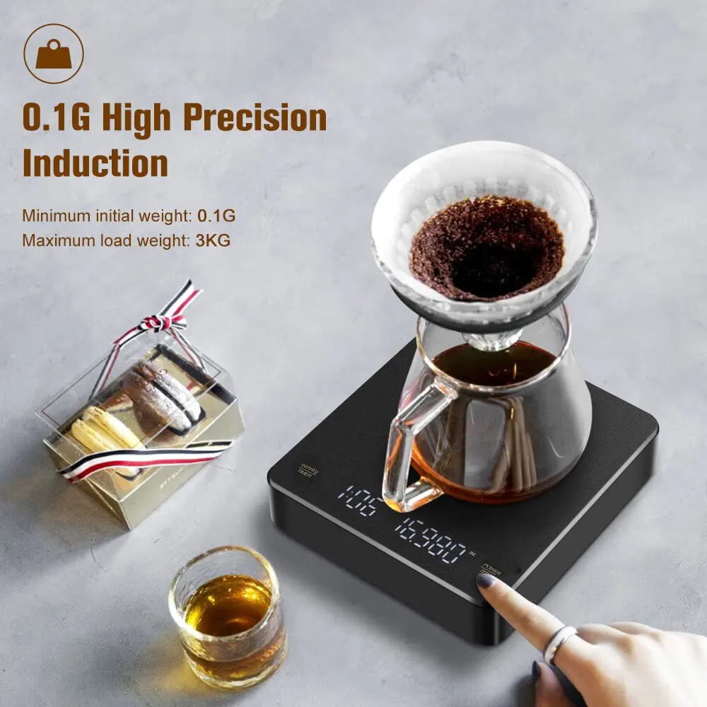 เครื่องชั่งกาแฟดิจิตอลพร้อมเครื่องจับเวลาหน้าจอ LED เอสเปรสโซ่ USB ได้สูงสุด3กก. ชั่งน้ำหนัก0.1ก. ความแม่นยำสูงเครื่องชั่งในครัวออนซ์/มล./กรัม