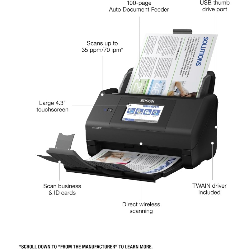 Workforce ES-580W Wireless Color Duplex Desktop Document Scanner for PC and with 100-sheet Auto Document Feeder