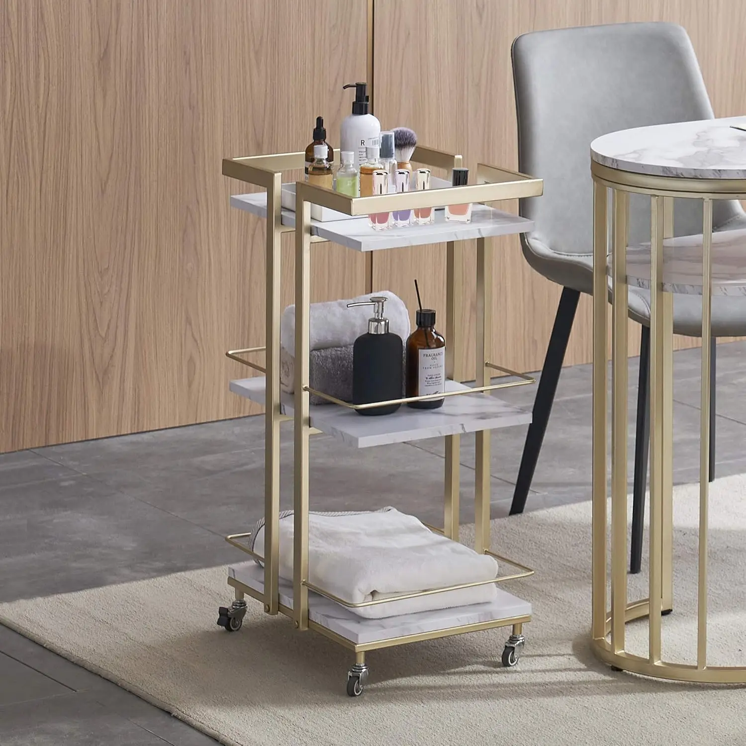 Utility Salon Trolley, Metal Storage Rolling Barber Trolley with Wheels, Golden Esthetician Cart