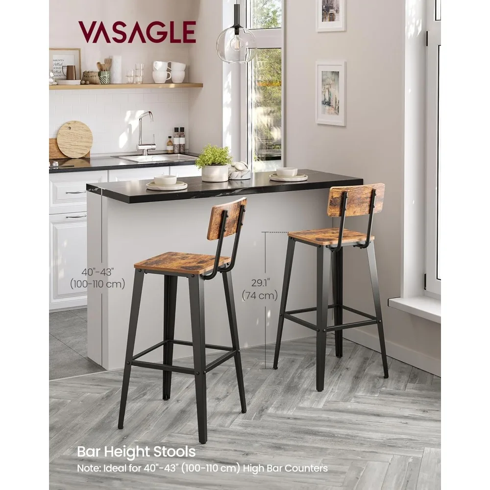 Set of 2 Bar Stools, Bar Height Stools, 29.1 Inches Tall Barstools with Back, Counter Bar Chairs for Kitchen Island Steel Frame