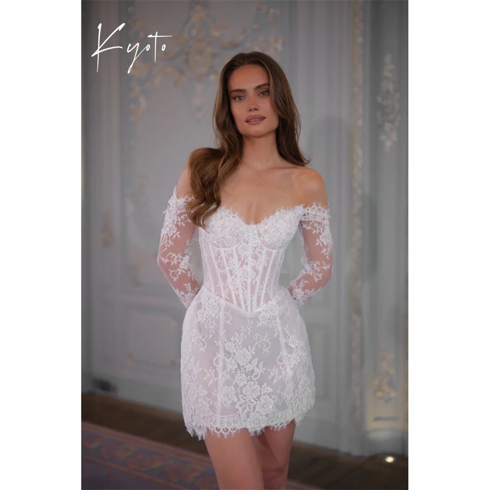 Kyoto Abito da sposa personalizzato avorio con applicazioni in pizzo squisito con lacci e maniche lunghe فستان Ş12] Guaina dopo la festa