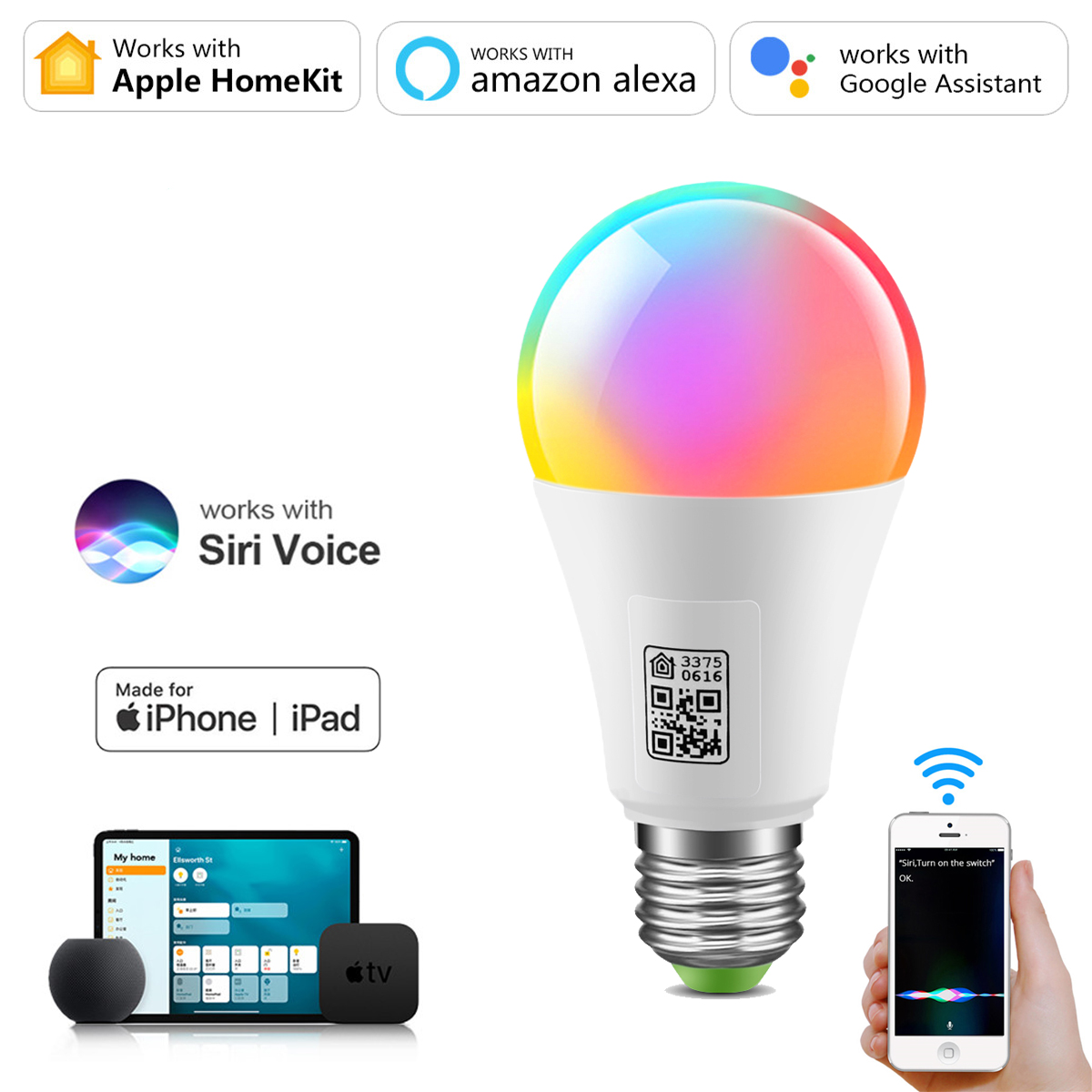 Homekit Smart Wifi Glühbirne, mehrfarbig, dimmbar, E27-LED-Leuchtmittel, Siri-Steuerung, funktioniert mit Apple Home Kit Alexa Google Assistitan