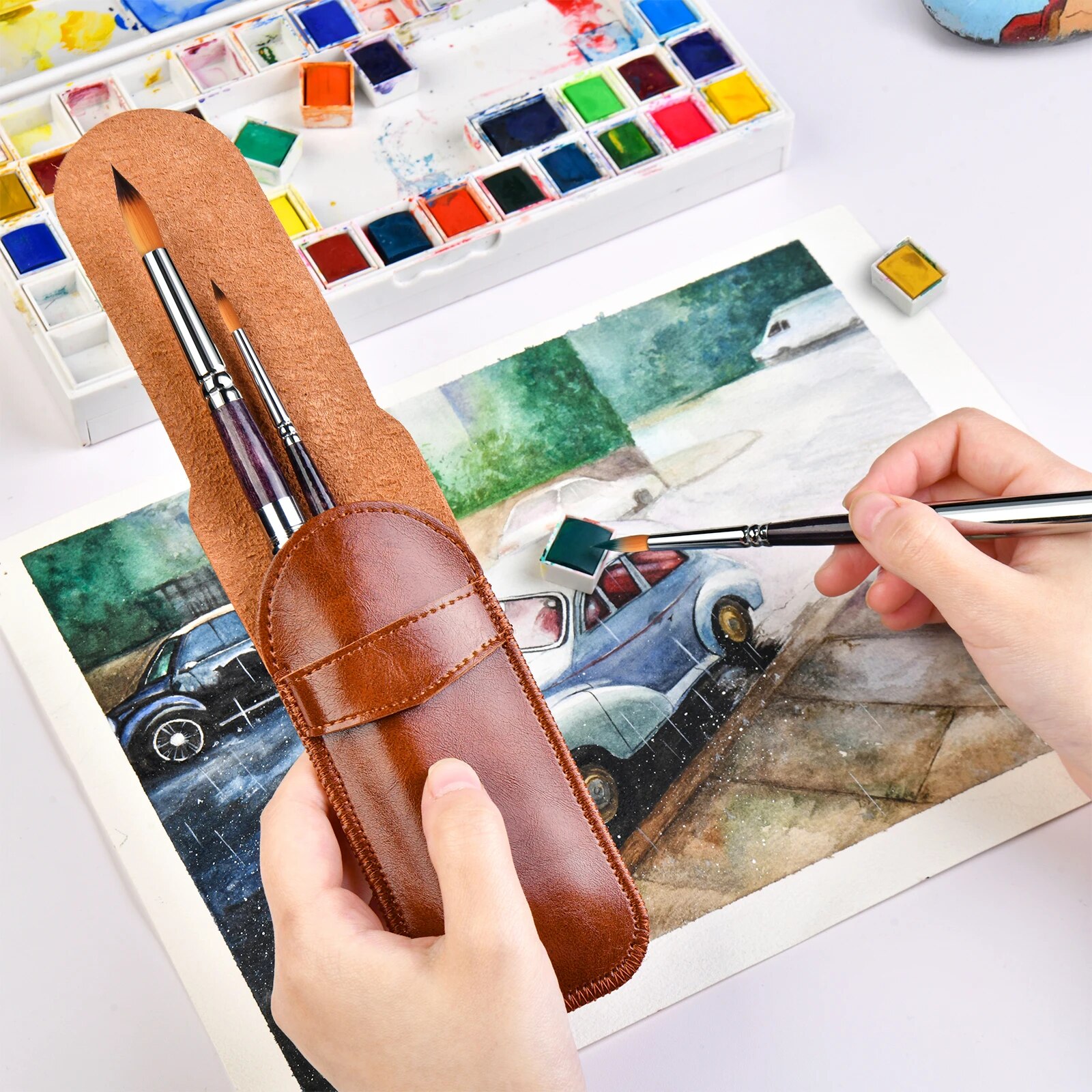 Pincéis de aquarela de viagem, pincéis de bolso de sable sintéticos extra longos redondos com alça protetora