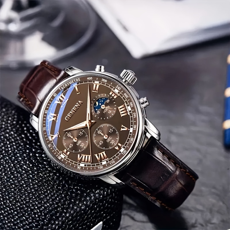 GENEVA-reloj de cuarzo con correa de lujo para hombre, accesorio de pulsera resistente al agua con diseño Redondo, complemento masculino deportivo de marca de lujo perfecto para negocios y estudiantes