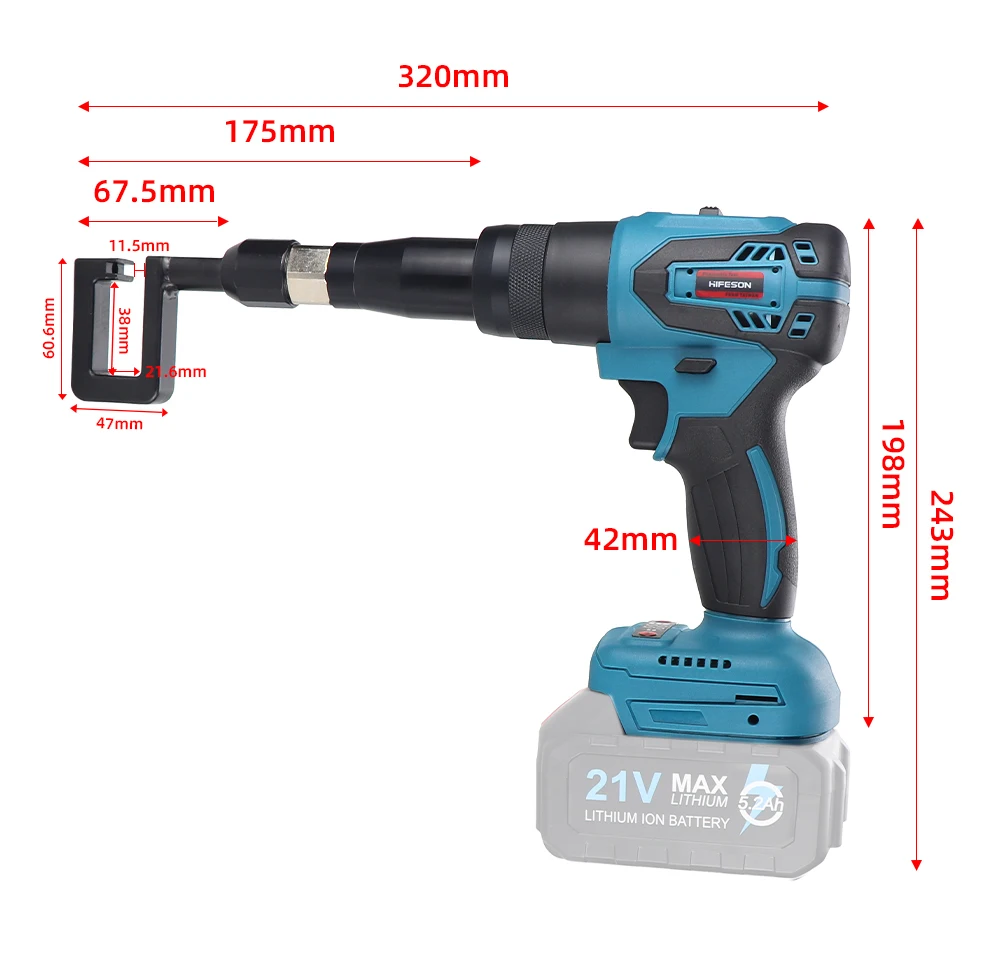 HIFESON ไฟฟ้า Keel คีมไม่มีเล็บ Riveter ไม่มีแบตเตอรี่อลูมิเนียม CRIMPING เครื่องมือไม่มี Rivets สําหรับ 21V 26V แบตเตอรี่ Makita