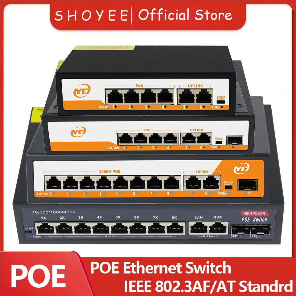 Neuer POE RJ45 Ethernet Switch SFP 48V mit für 802.3af/at Uplink Unmanaged Plug and Play, für IP-Kamera/NVR
