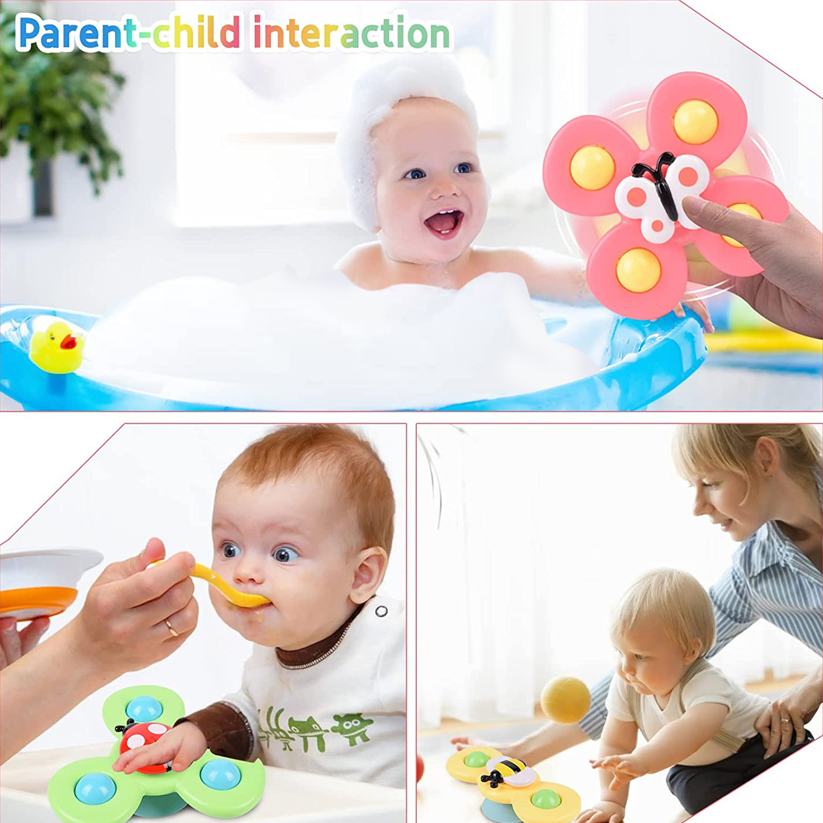 子供のための吸盤付きフィジェットスピナー玩具、感覚緩和、教育用バスおもちゃ、ベビーゲーム、回転ガラガラギフト、ストレス解消、3個