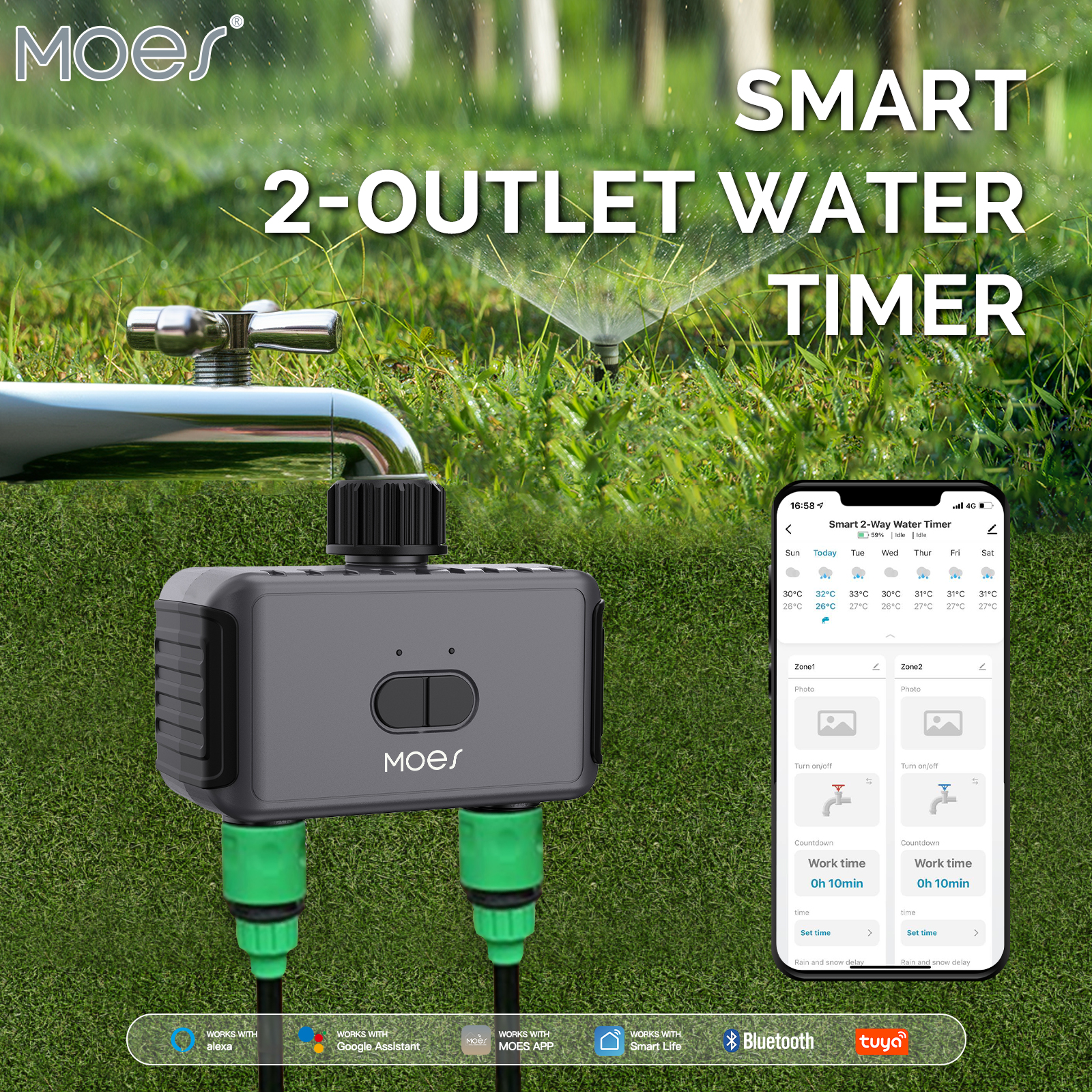 Bluetooth inteligente jardim sprinkler temporizador de água por 2 vias filtro atraso chuva lavadora programável e controlador irrigação automática