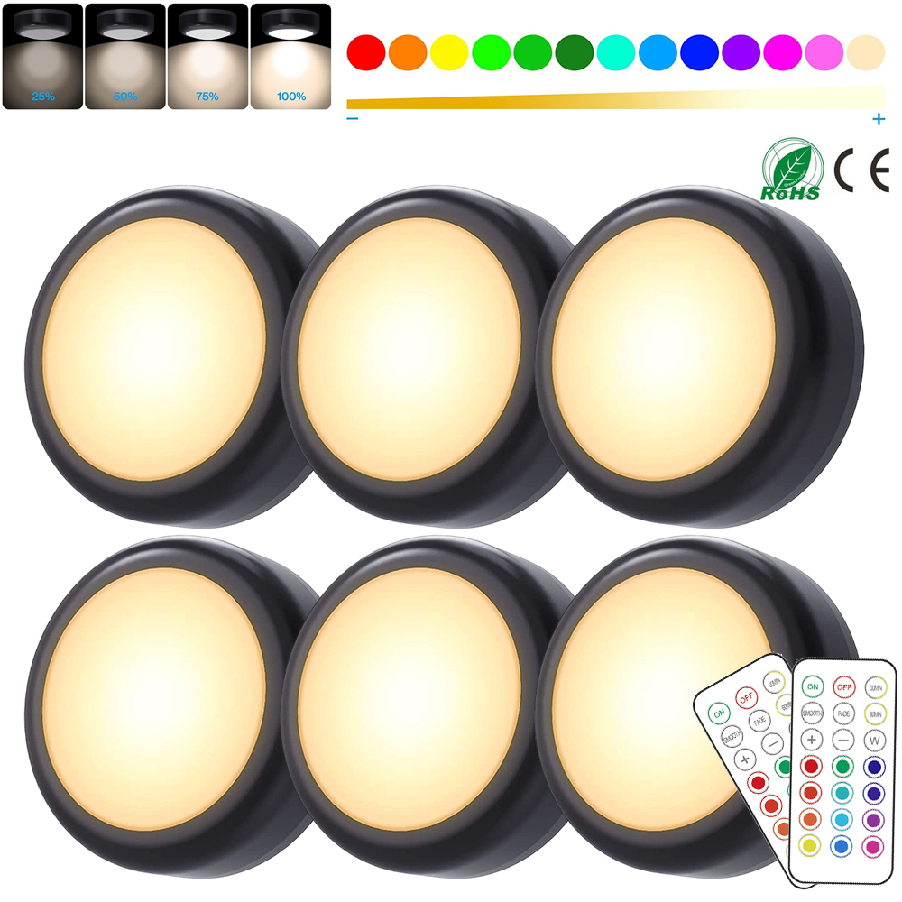 1-6Pcs RGBW LED Puck Nacht Lichter Fernbedienung Dimmbare Unter Schrank Licht Batterie Betrieben Drahtlose Push Lampe küche Schrank