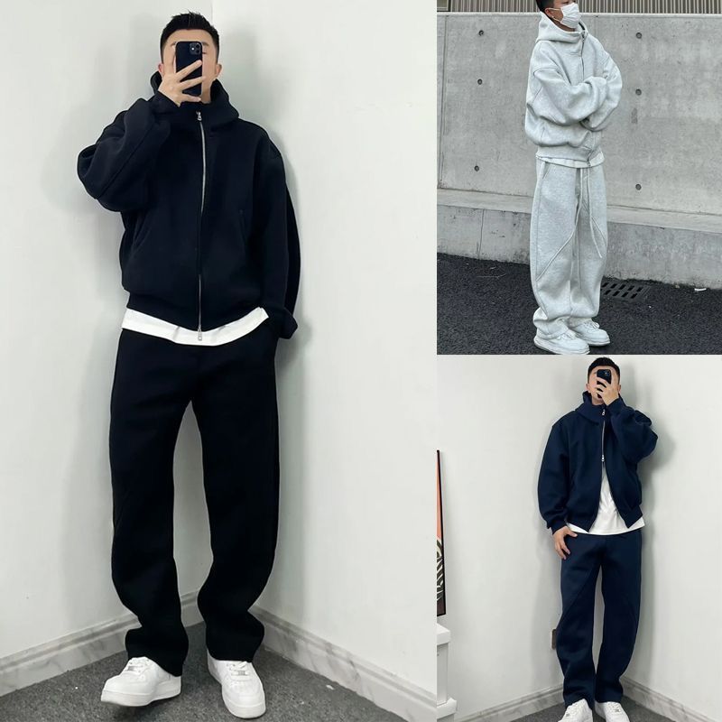 Conjunto de Mole Masculino de Inverno com Forro de Lã, Ajuste Solto, com Capuz e Calça de Perna Reta, Roupa Casual de Duas...