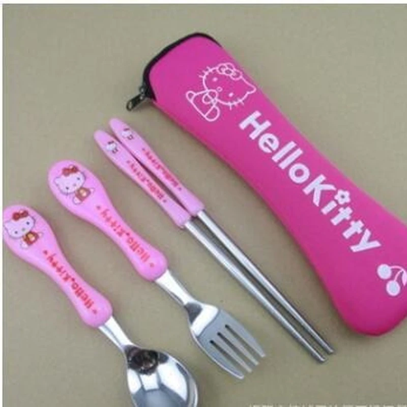 Vajilla de Hello Kitty para bebé, juego de cuchillo portátil, tenedor, cuchara, palillos, cuchara de postre para niños, tenedor, cubiertos de alimentación para bebé, regalo