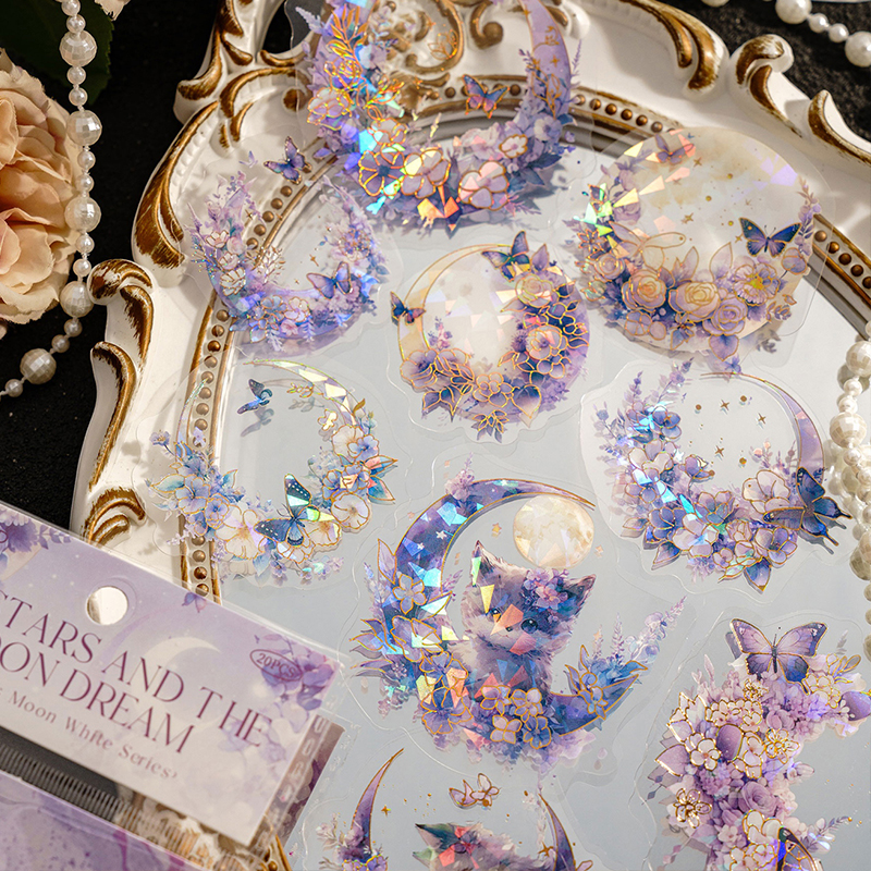 8 スタイル 20 ピース/パックヴィンテージムーン子猫ステッカーパック三次元レーザーゴールドハンドブック素材 DIY 装飾ステッカー