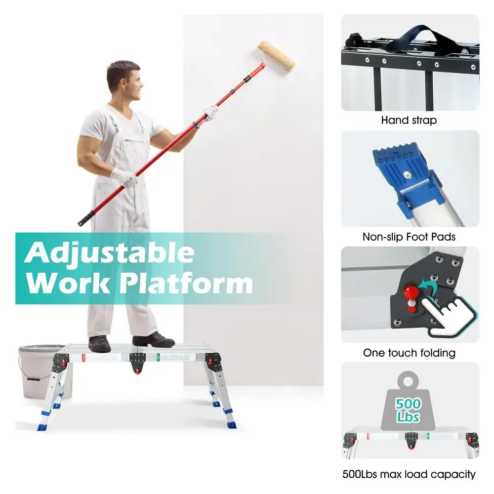 Adjustable Aluminum Work Platform 33in(L x12in(W x20in(H One-Touch Folding Step Stool 500lb Capacity Portable Height Adjustable