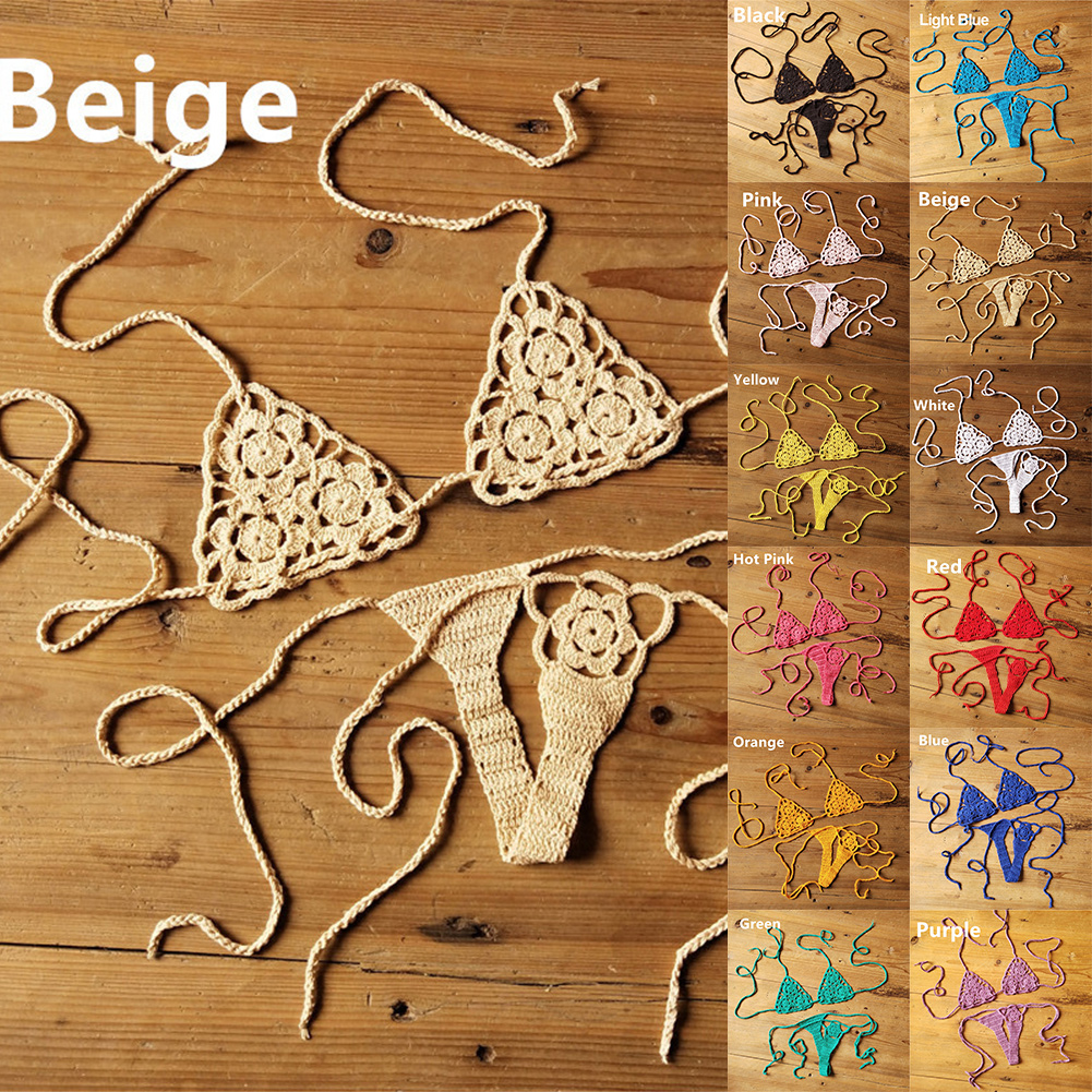 Conjunto de Bikini estilo vendaje de Color sólido de dos piezas de ganchillo a mano para playa de verano para mujer, conjunto de Bikini hueco, trajes de baño para mujer, ropa de playa