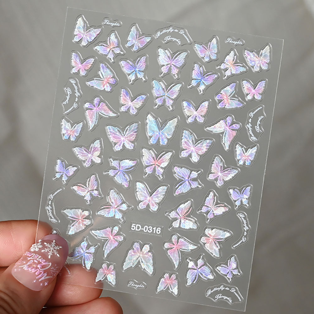 Pink Purple Aurora Shell Butterfly Nail Stickers Shiny Laser 3D Butterflies Nail Decals 8*10cm Adhesive Aurora Shell Butterfly N