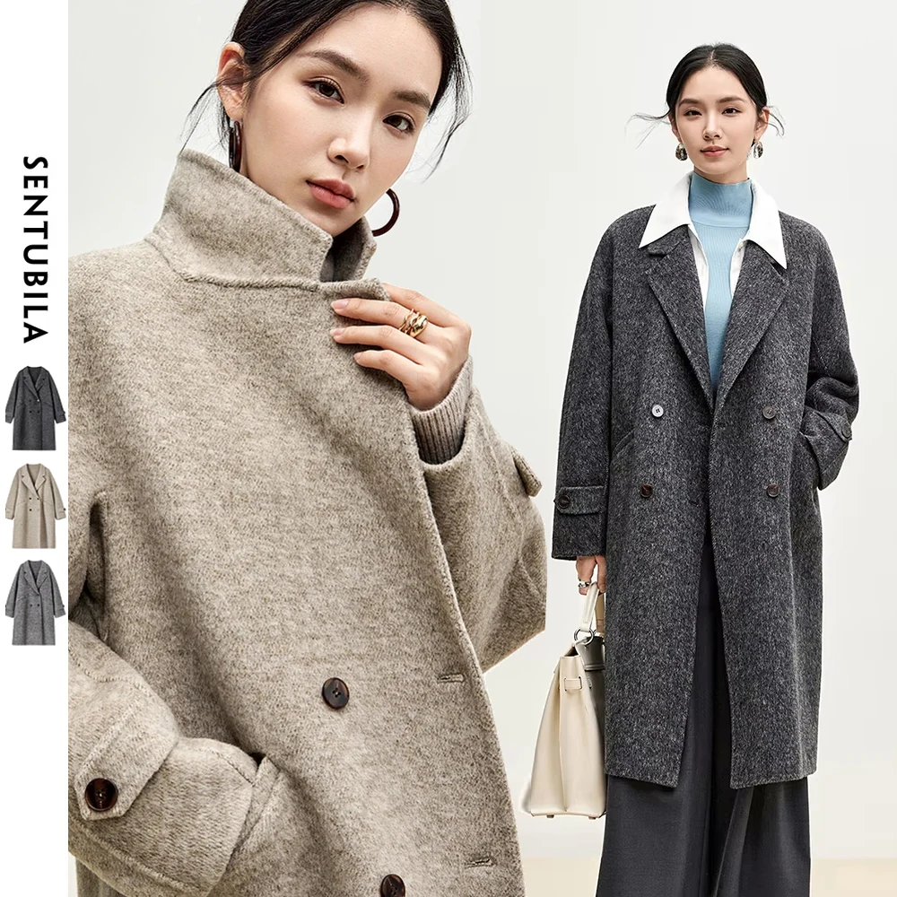 SENTUBILA Lange Wollmäntel für Damen, Oberbekleidung, 2025, Winter, luxuriös, warm, gerade, zweireihig, hochwertiger Mantel W44O56042
