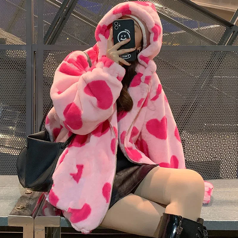 Chaqueta de felpa con estampado de corazón Harajuku para mujer, Abrigo con capucha de manga larga coreano, ropa de calle gruesa y cálida para pareja, Invierno 2024