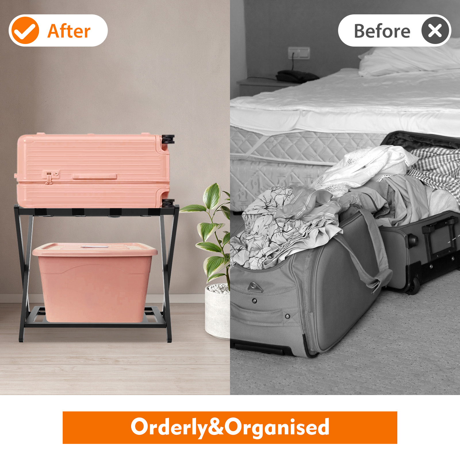 2-lagiger klappbarer Gepäckträger mit Regal, Koffer-Gepäckträger für Gästezimmer, Schwarz