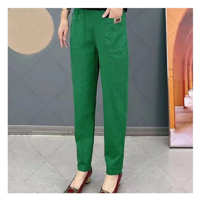 Damen-Baumwollhose mit elastischem Bund, knitterfrei, entspannte Passform, gerade Beinhose, lässige, locker sitzende Hose