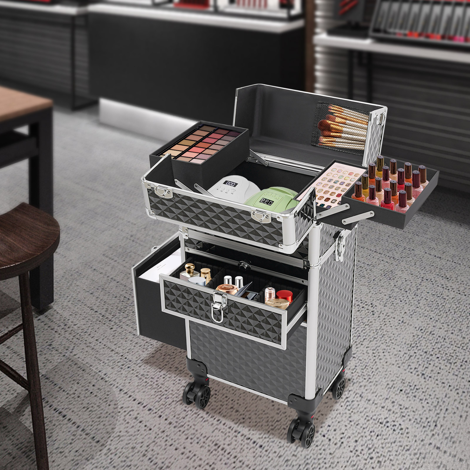 Rolling Makeup Case Professional Rolling Makeup Train Case Makeup Organizer with Shoulder Strap Large Storage Cosmetic Trolley