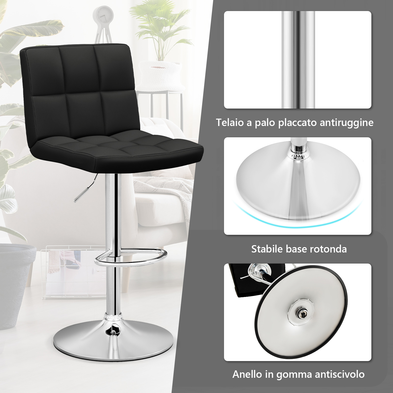 Set Sedie da Bar in Ecopelle con Altezza Regolabile, Seduta Girevole a 360°, Poggiapiedi e Base Metallica Antiscivolo, Sgabelli da Pranzo per Isola Cucina Bar, Portata 150 kg, Nero,1