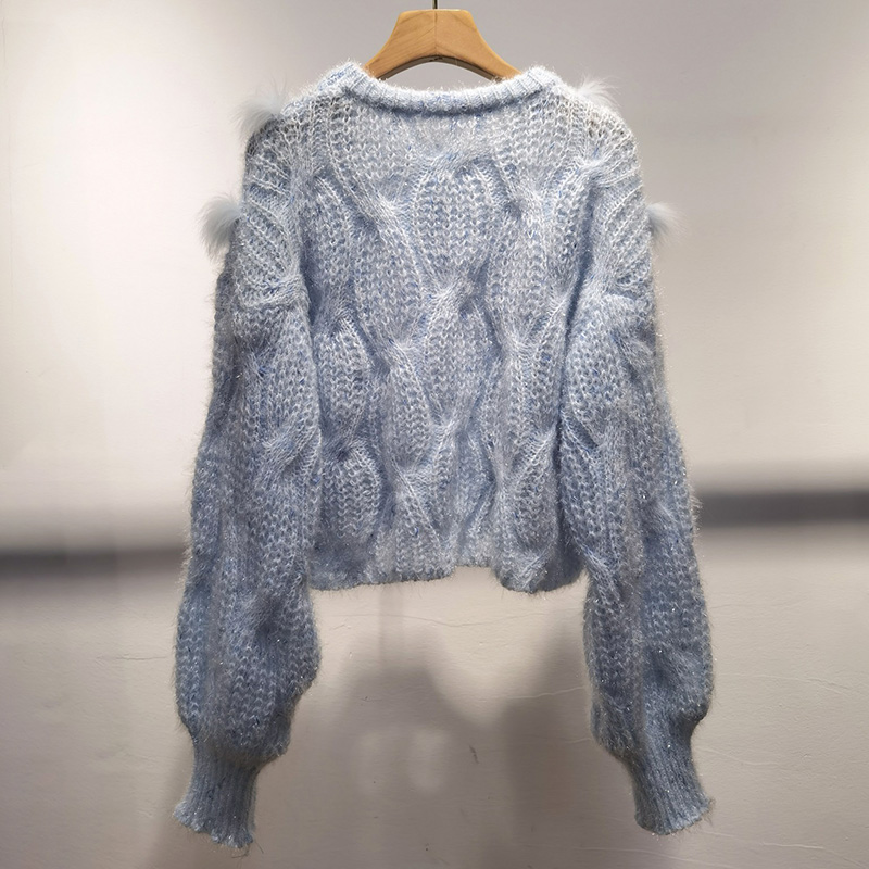 Real Fox Fur Stripe Knitted Short Pullover Sweater Long Sleeve O-neck Women Pull Jumpers Female Fur Trim Sweaters