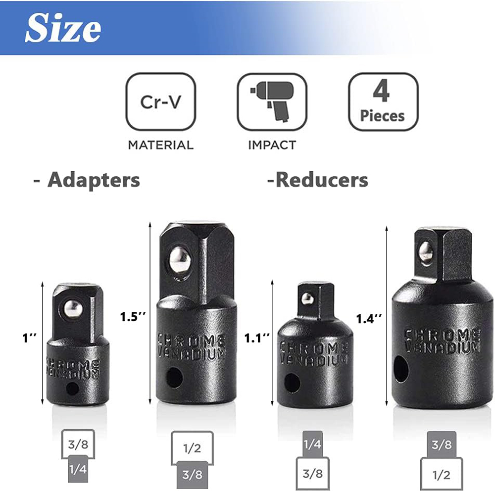 4pcs Socket Convertor Adaptor Reducer Set 1/2 To 3/8 3/8 To 1/4 3/4 To 1/2 Impact Drive Socket Adaptor Repair Tools