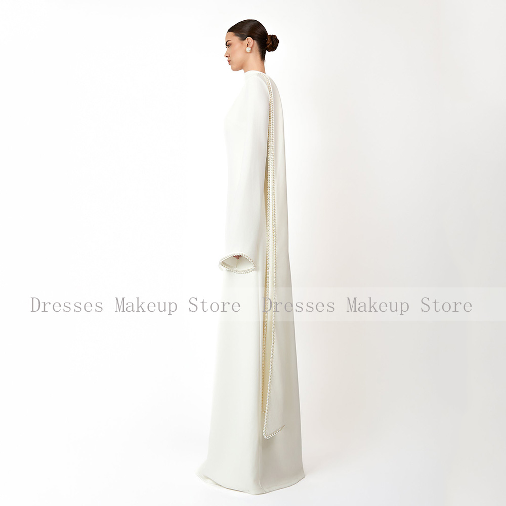Bescheidene Abendkleider mit langen Ärmeln, O-Ausschnitt, A-Linie, 2025, Damen-Abendkleider mit Schal, Perlen, elegantes Hochzeitskleid, Elfenbeinfarben