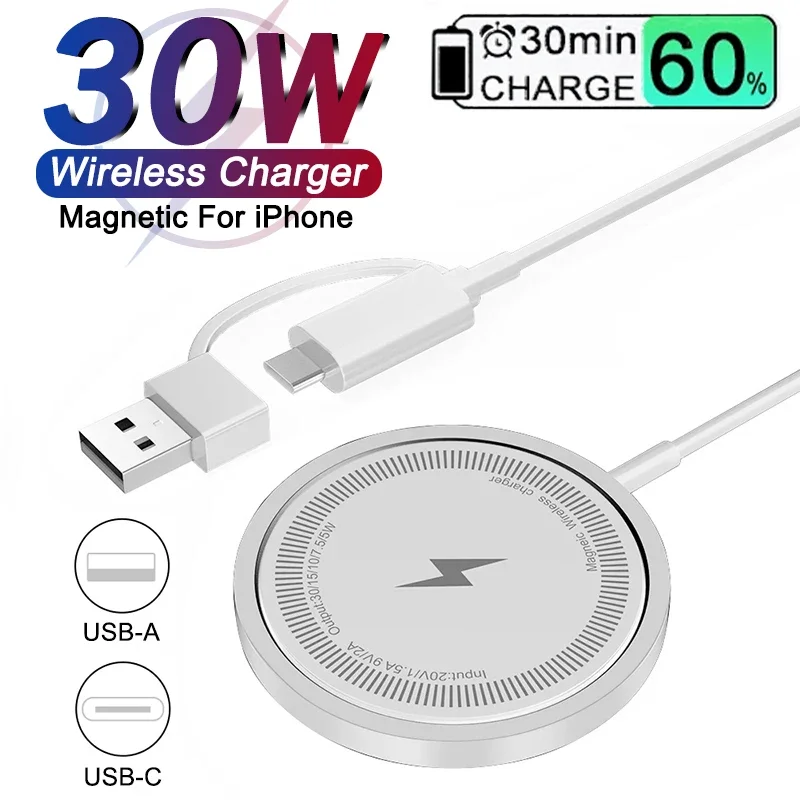 Caricabatterie wireless magnetico da 30 W per iPhone 15 11 12 13 14 Pro Max USB tipo C ricarica rapida per caricabatterie Samsung S22 S23 Ultra Plus