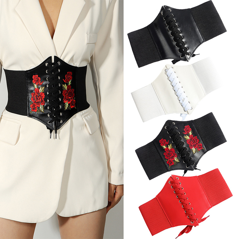 Anchos cinturones bordados rosas para mujeres y niñas, corsés sexys de moda, Color sólido, cuero de PU, adelgazamiento corporal, pretina elástica
