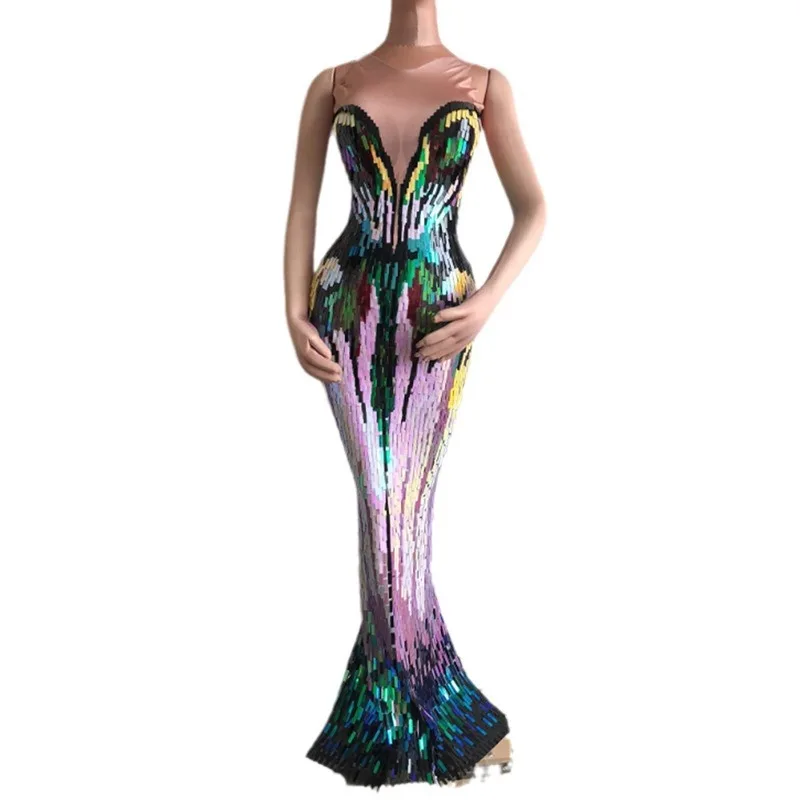 2025 Fashion Color Full Sequin Hip Wrap Long Drag Fishtail Sleeveless Performance Suit For Singer, Car Model & DJ On Dance Stage