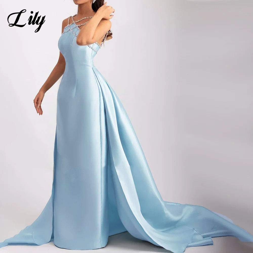 Lily Light Blue Prom Dress Shiny Beading Halter Party Dresses Stain  Sleeveless Celebrity Gowns with Detachable Tail Customized