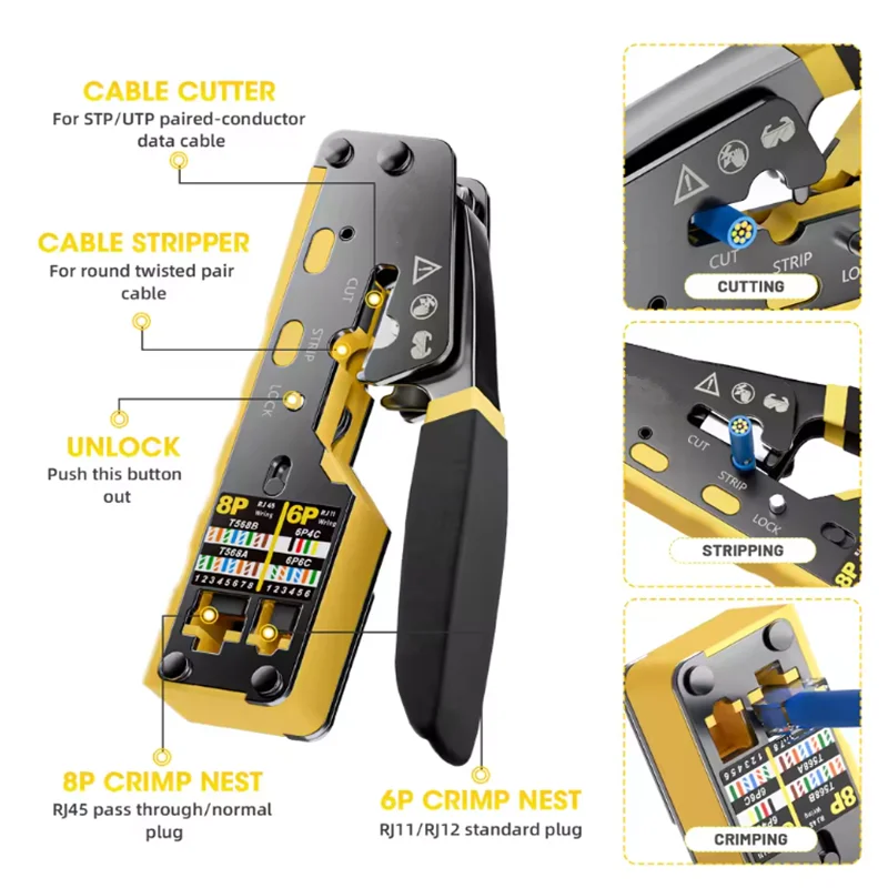 Straight RJ45 Crimping Tool Kit, Integrated Ethernet Crimper Cat7 Cat6 Cat5 Crimping Tool Ratchet Modular Data Cable Crimper